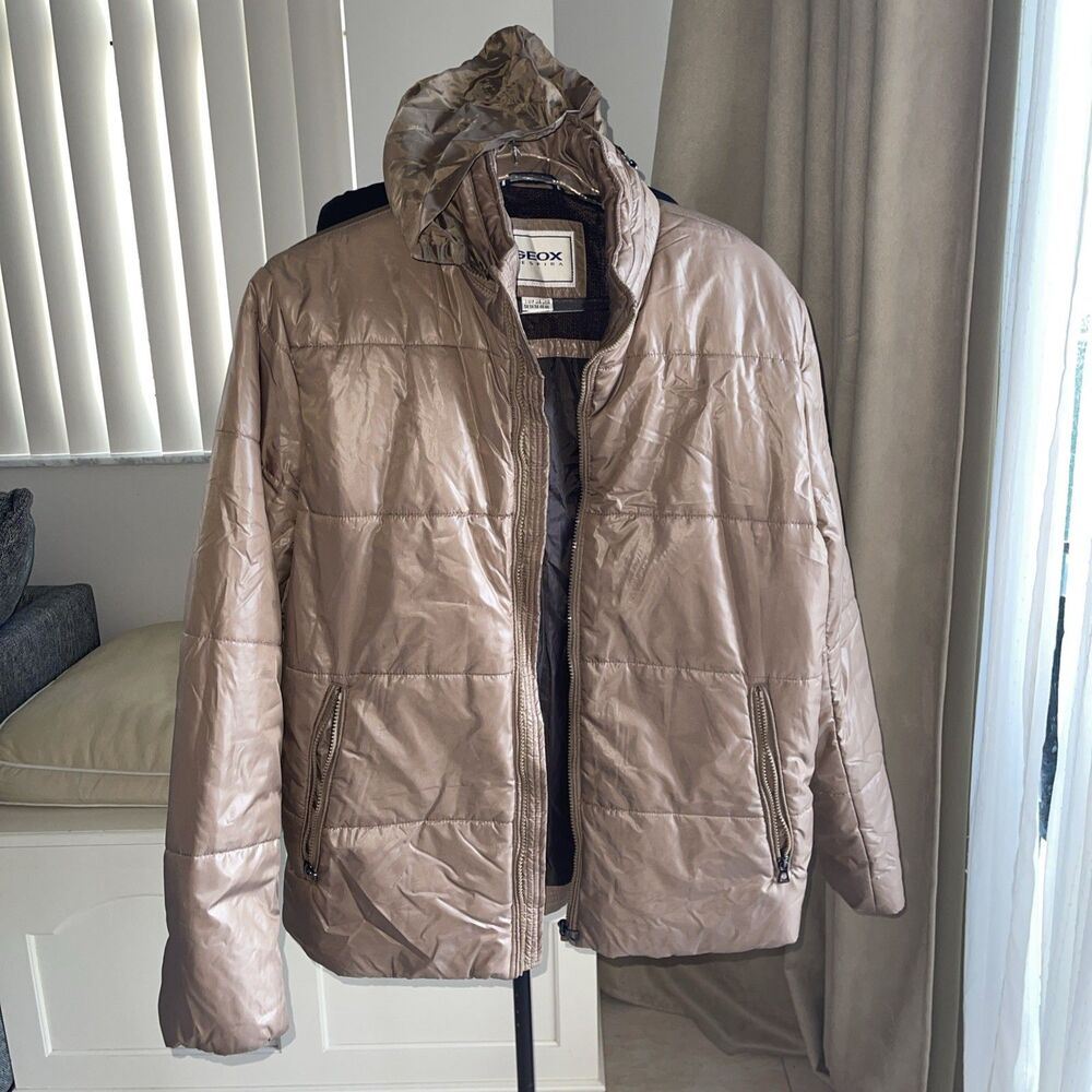 Geox Respira Down Puffer Jacket Mens Lightweight Tan Beige Sz 46 L
